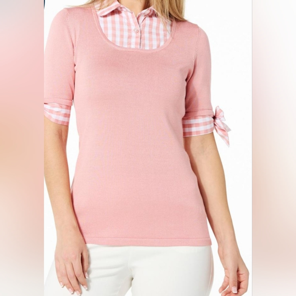 Nina Leonard Twofer Pullover Sweater with Gingham Detail